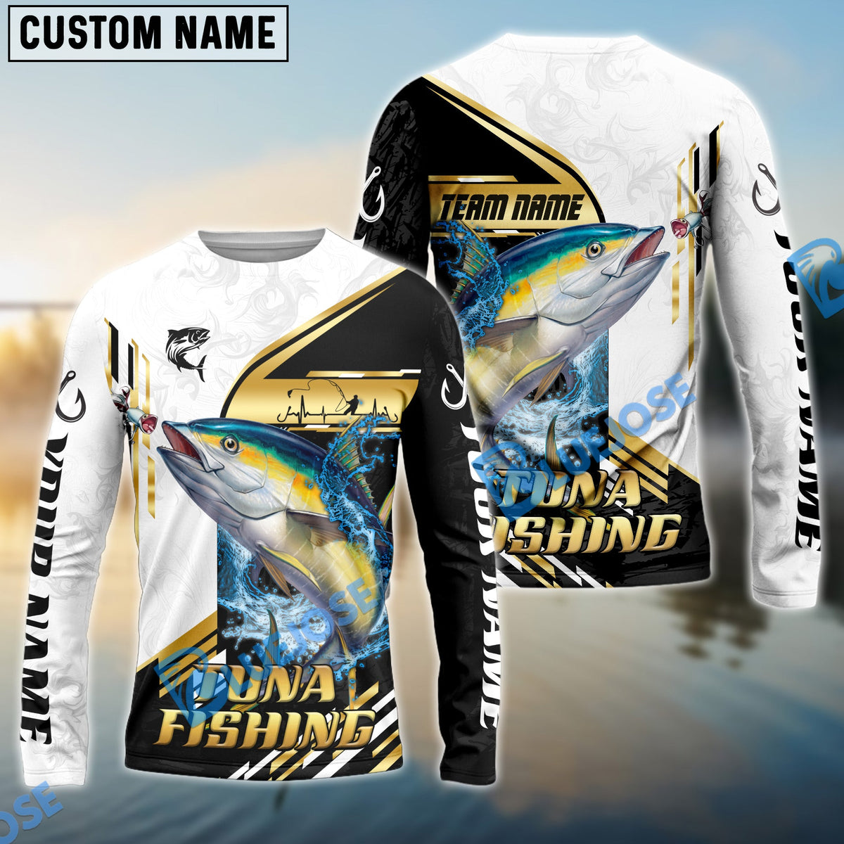 Bluejose Tuna Fishing Hook Graphic &amp; Jumping Fish Art Custom Name &amp; Team Name 3D Shirts