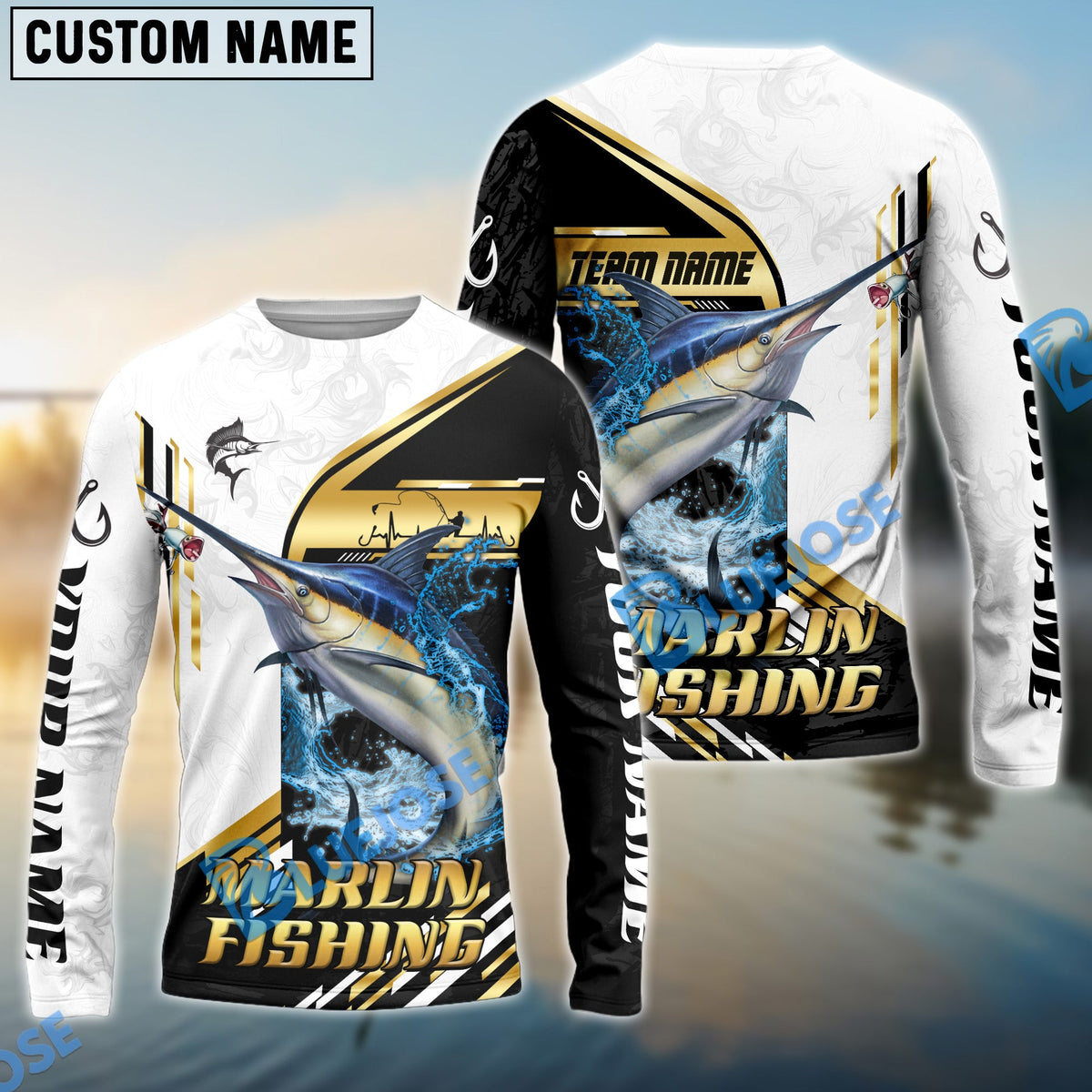 Bluejose Marlin Fishing Hook Graphic &amp; Jumping Fish Art Custom Name &amp; Team Name 3D Shirts