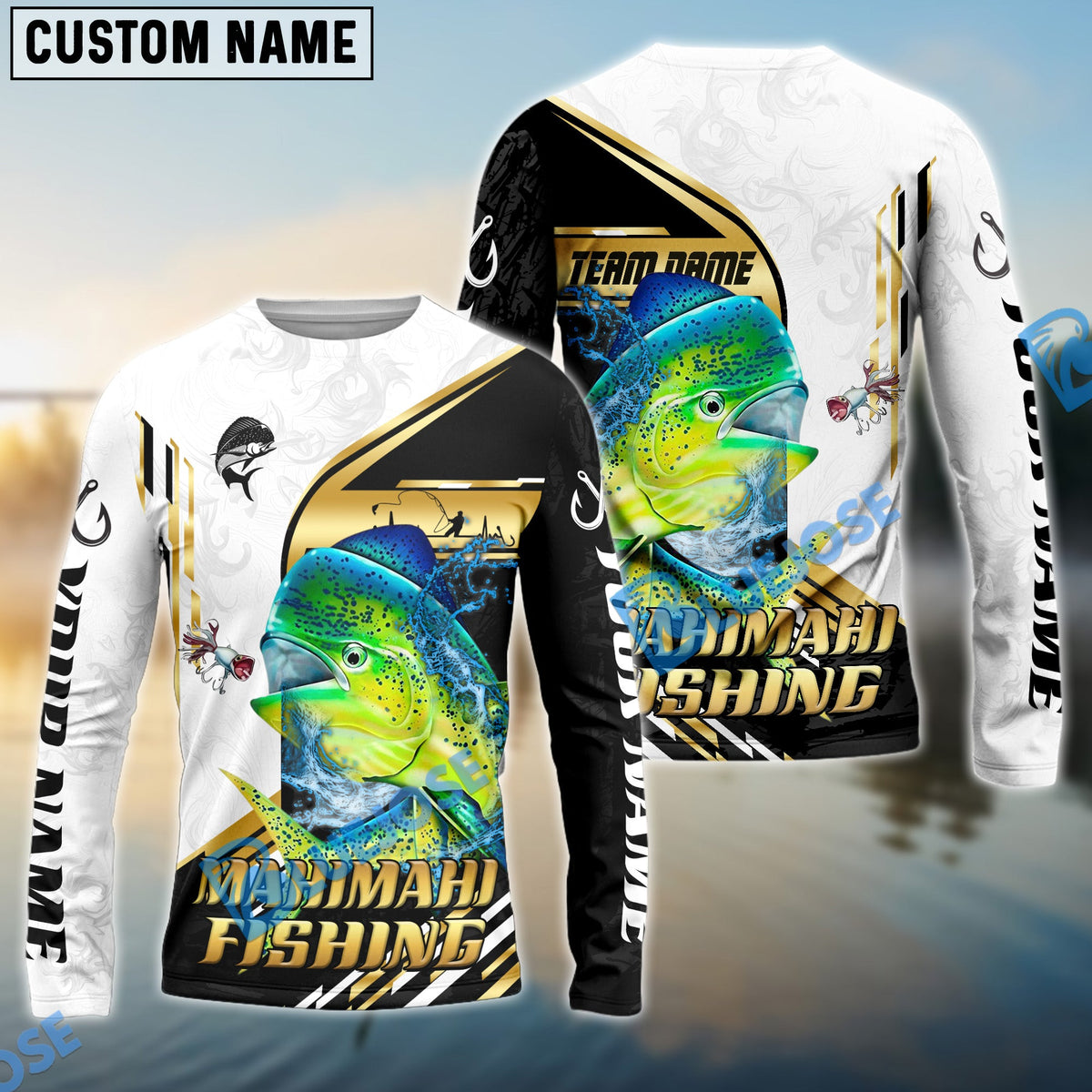 Bluejose Mahimahi Fishing Hook Graphic &amp; Jumping Fish Art Custom Name &amp; Team Name 3D Shirts