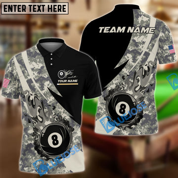 BlueJose Billiards Ball 8 Flame Camo Personalized Name Shirt (4 Colors)
