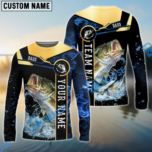 Bluejose Bass Fishing Golden With Blue Flame Pattern Custom Name & Team Name 3D Shirts