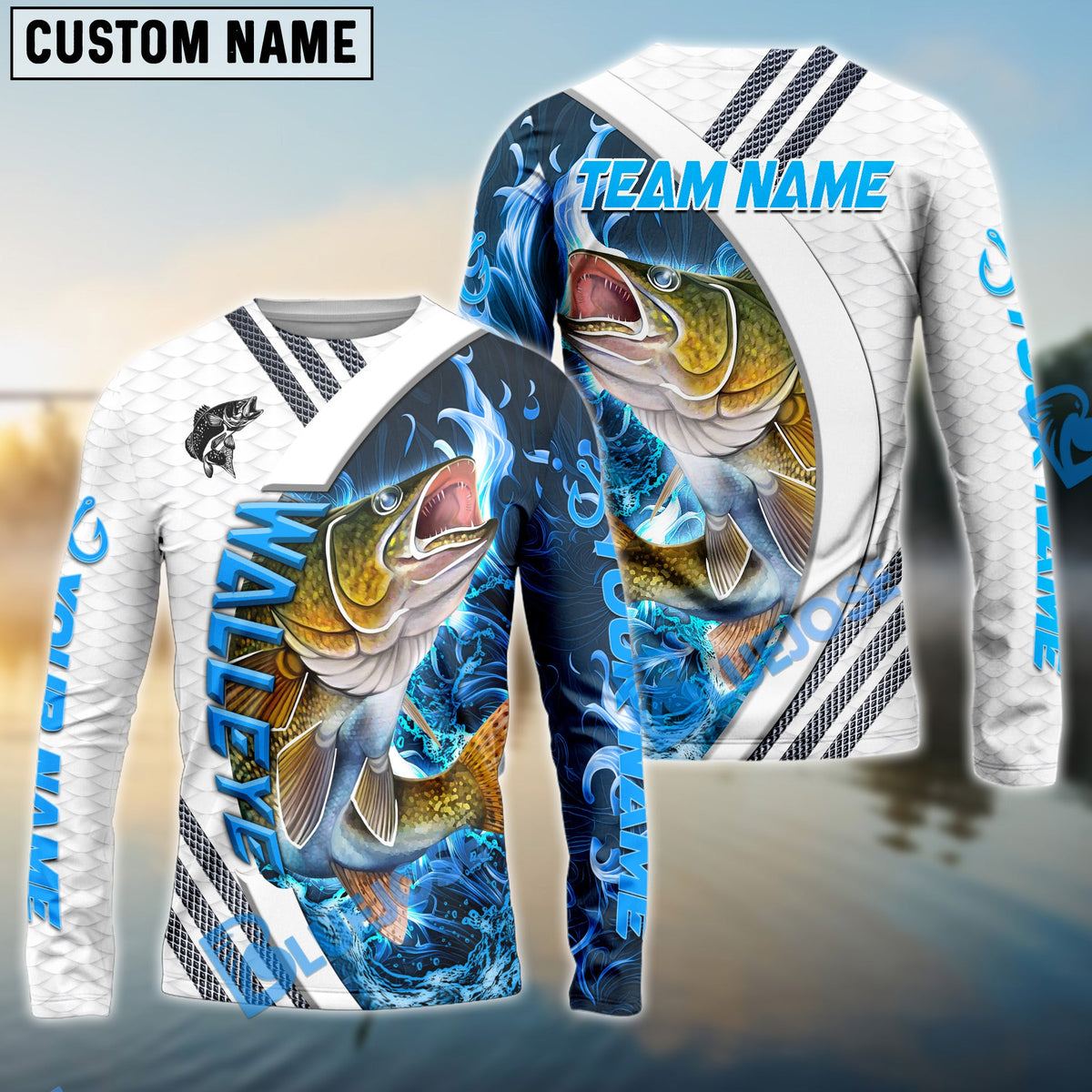 Bluejose Walleye Fishing White Blue Lava Sport Custom Name &amp; Team Name 3D Shirts