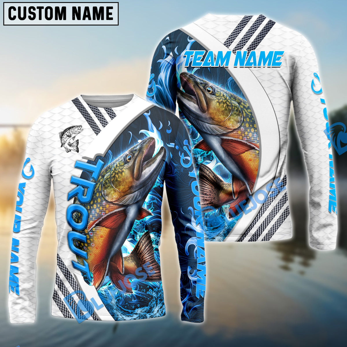 Bluejose Trout Fishing White Blue Lava Sport Custom Name &amp; Team Name 3D Shirts