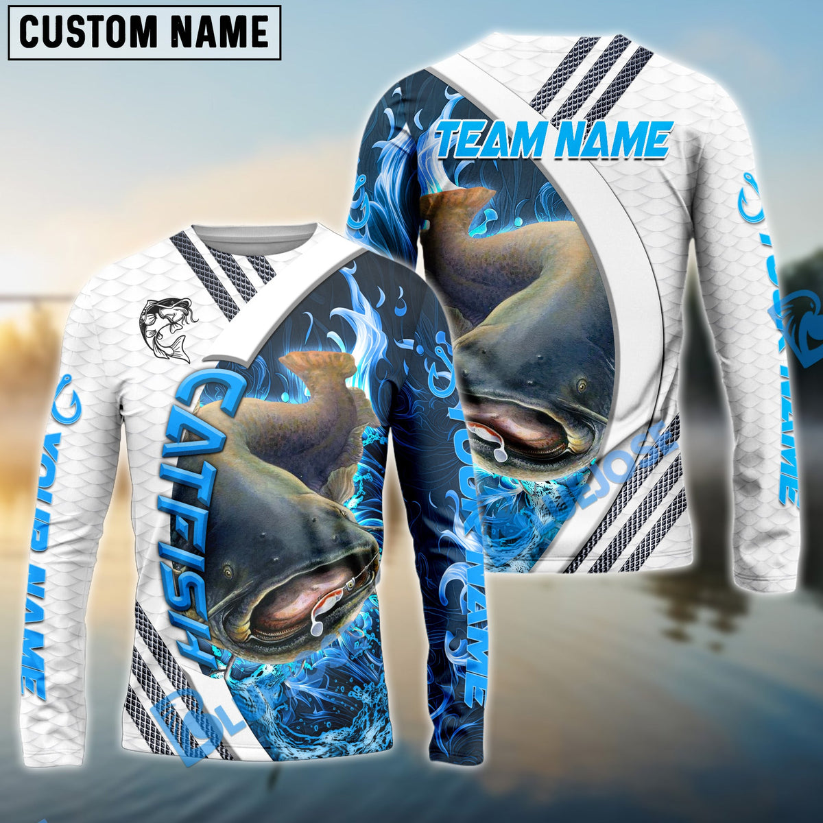 Bluejose Catfish Fishing White Blue Lava Sport Custom Name &amp; Team Name 3D Shirts