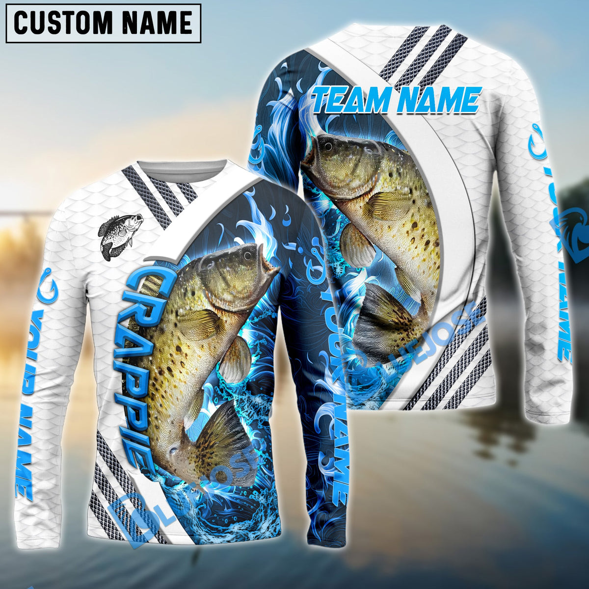 Bluejose Crappie Fishing White Blue Lava Sport Custom Name &amp; Team Name 3D Shirts