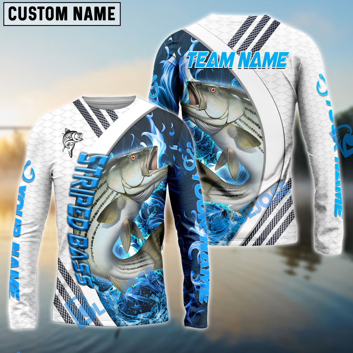 Bluejose Striped Bass Fishing White Blue Lava Sport Custom Name &amp; Team Name 3D Shirts