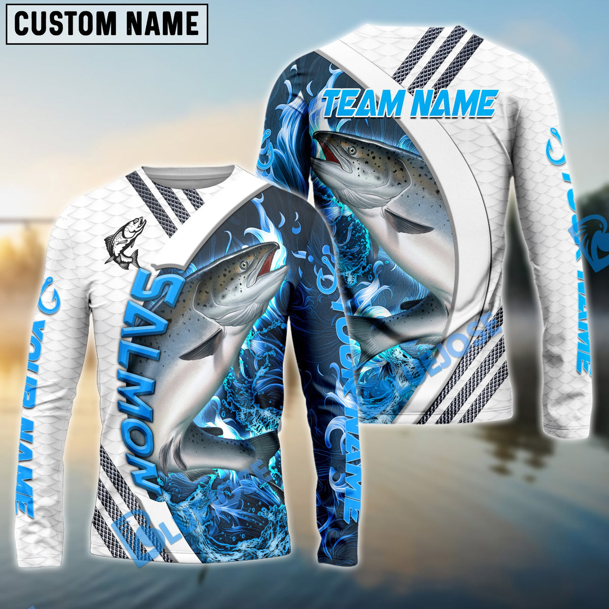 Bluejose Salmon Fishing White Blue Lava Sport Custom Name &amp; Team Name 3D Shirts