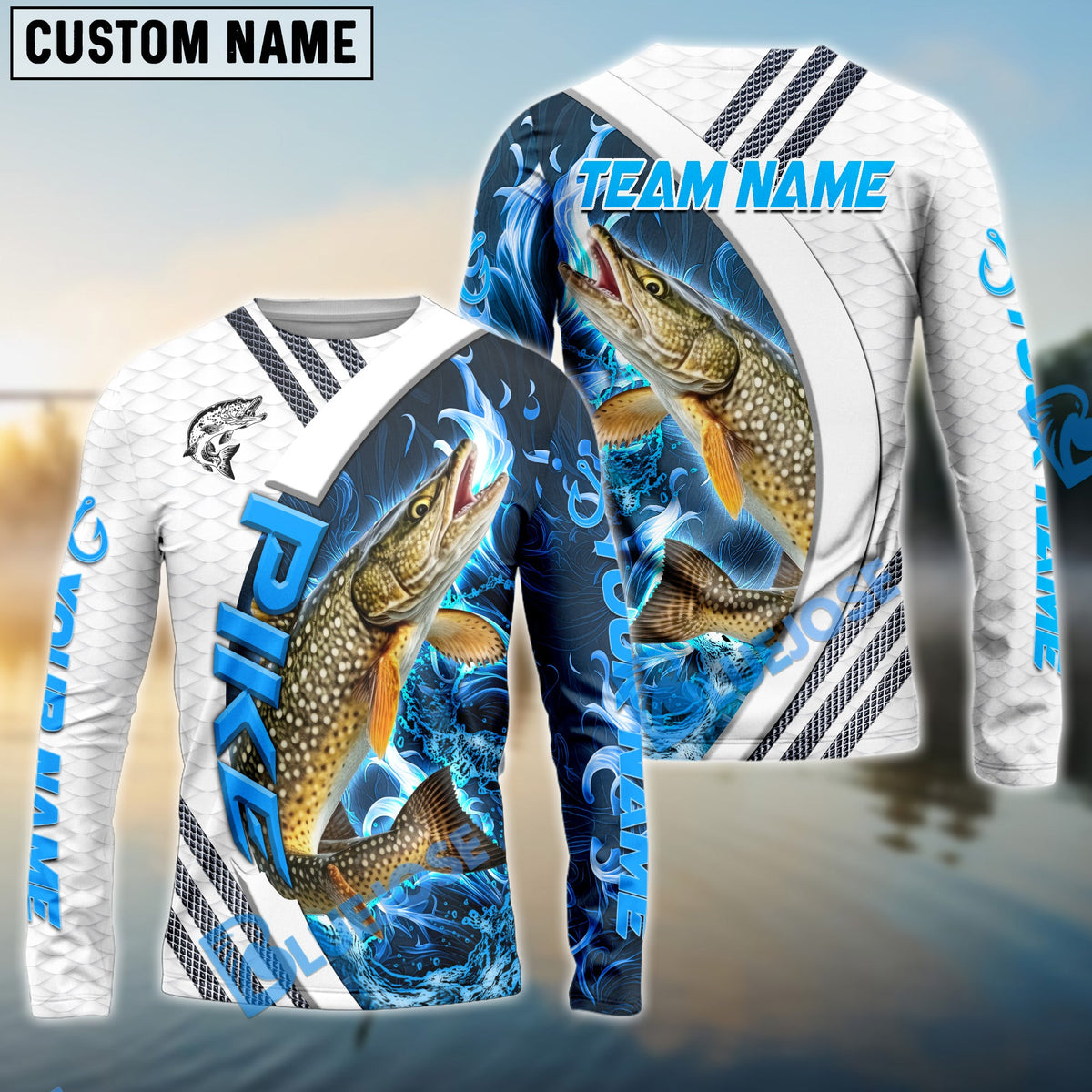 Bluejose Pike Fishing White Blue Lava Sport Custom Name &amp; Team Name 3D Shirts