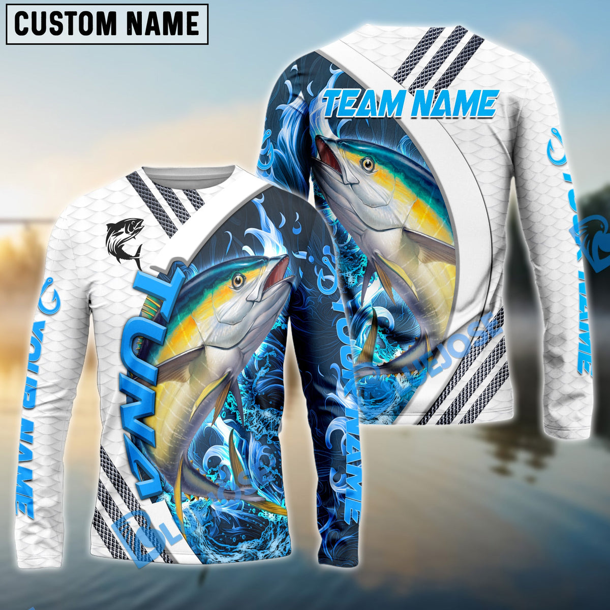 Bluejose Tuna Fishing White Blue Lava Sport Custom Name &amp; Team Name 3D Shirts