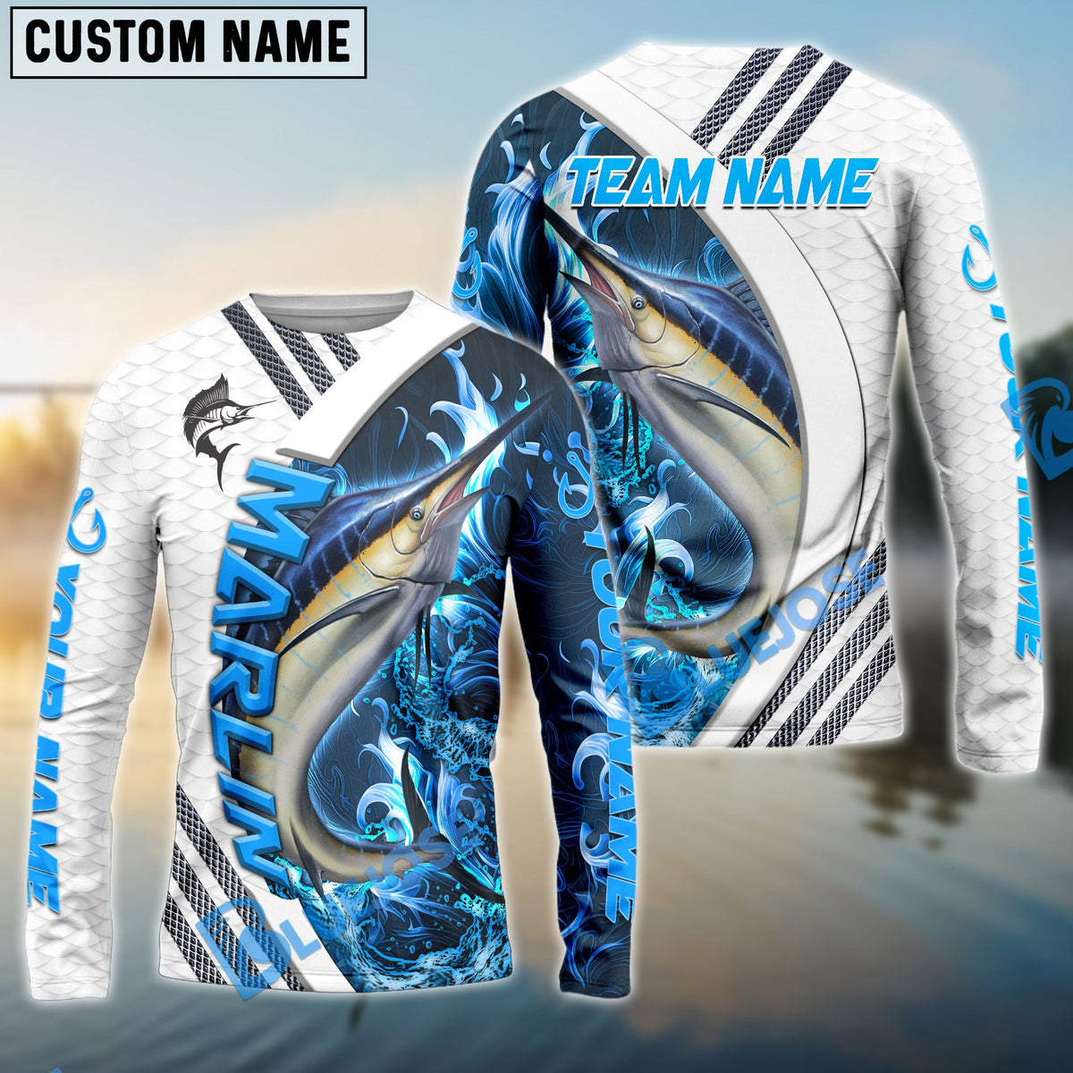 Bluejose Marlin Fishing White Blue Lava Sport Custom Name &amp; Team Name 3D Shirts