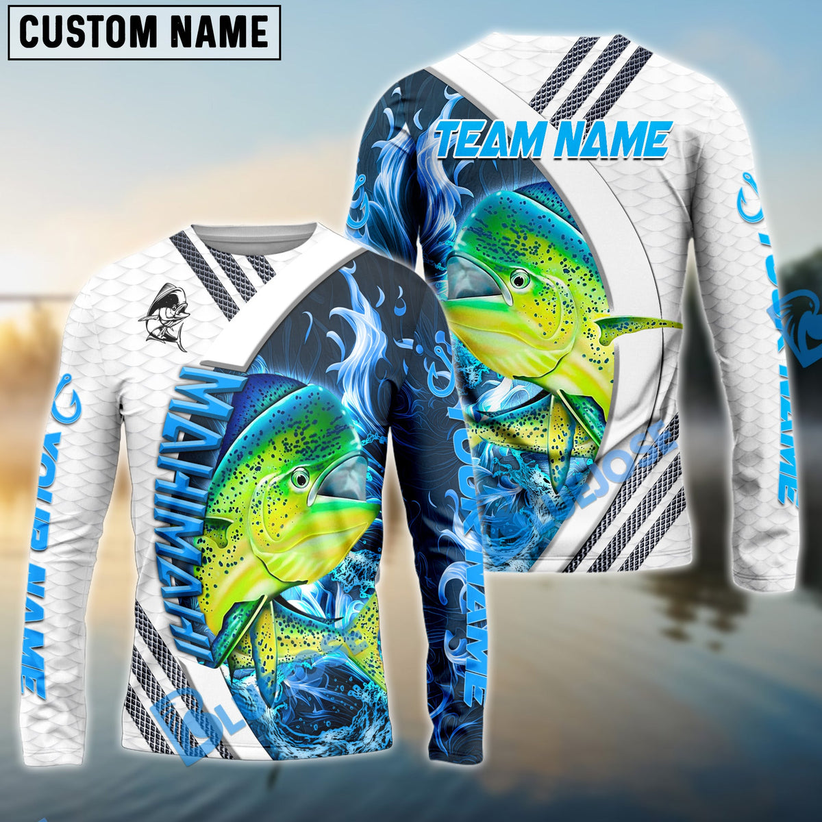 Bluejose Mahimahi Fishing White Blue Lava Sport Custom Name &amp; Team Name 3D Shirts