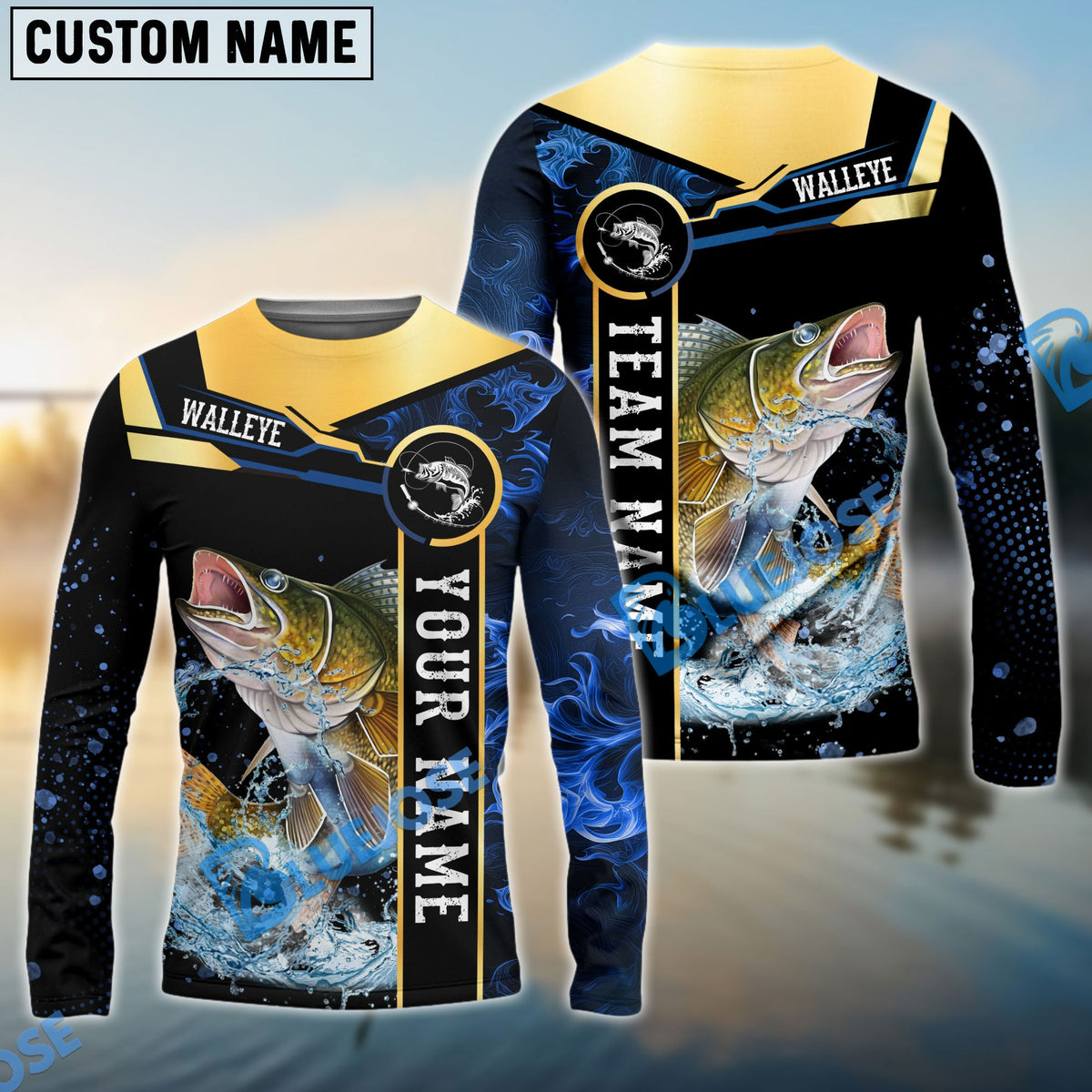 Bluejose Walleye Fishing Golden With Blue Flame Pattern Custom Name &amp; Team Name 3D Shirts