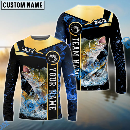 Bluejose Walleye Fishing Golden With Blue Flame Pattern Custom Name & Team Name 3D Shirts