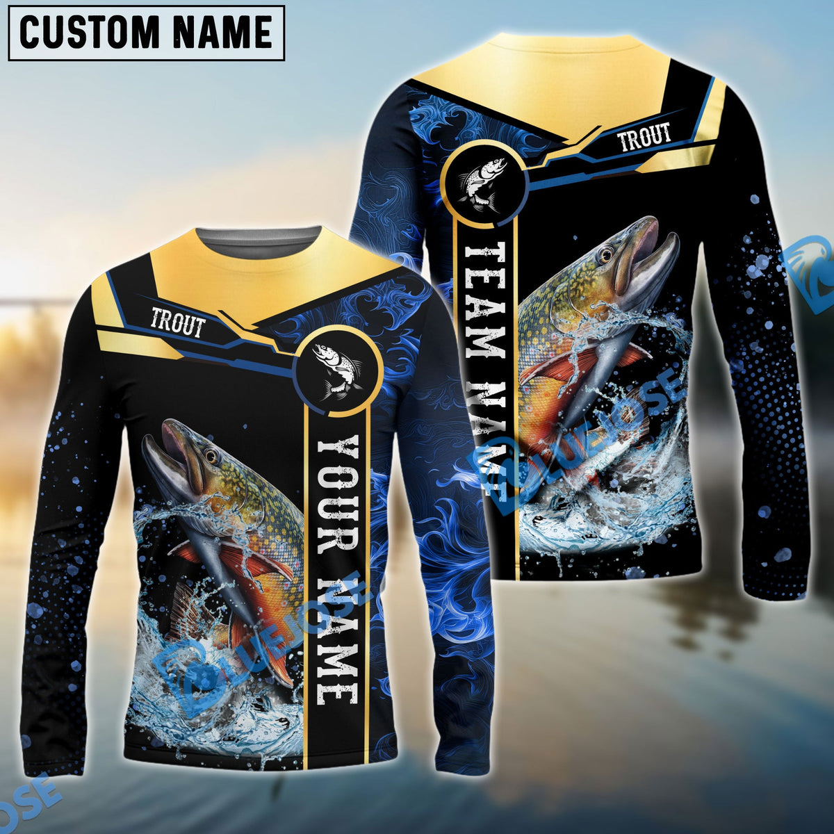 Bluejose Trout Fishing Golden With Blue Flame Pattern Custom Name &amp; Team Name 3D Shirts