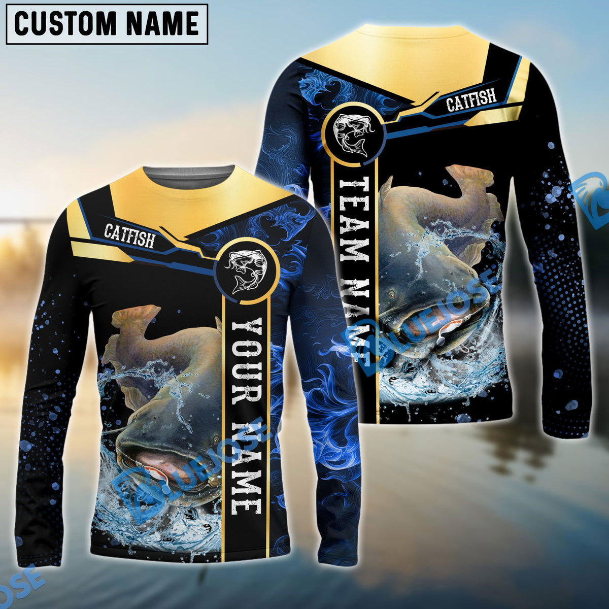Bluejose Catfish Fishing Golden With Blue Flame Pattern Custom Name &amp; Team Name 3D Shirts