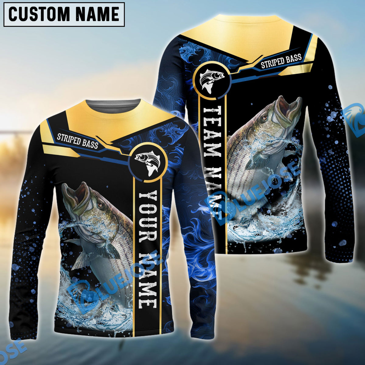 Bluejose Striped Bass Fishing Golden With Blue Flame Pattern Custom Name &amp; Team Name 3D Shirts