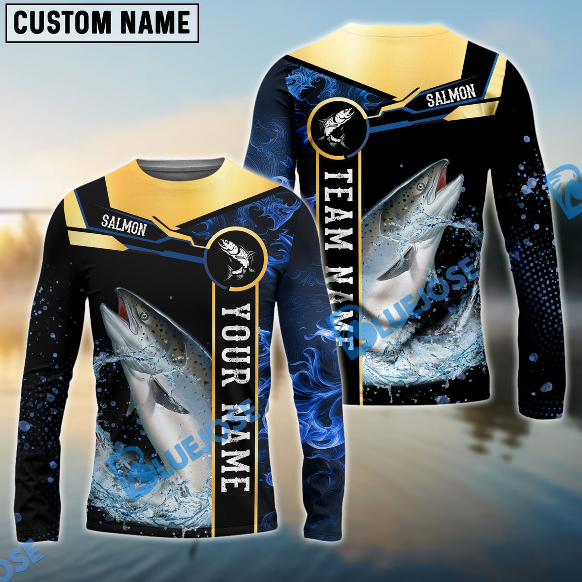 Bluejose Salmon Fishing Golden With Blue Flame Pattern Custom Name &amp; Team Name 3D Shirts