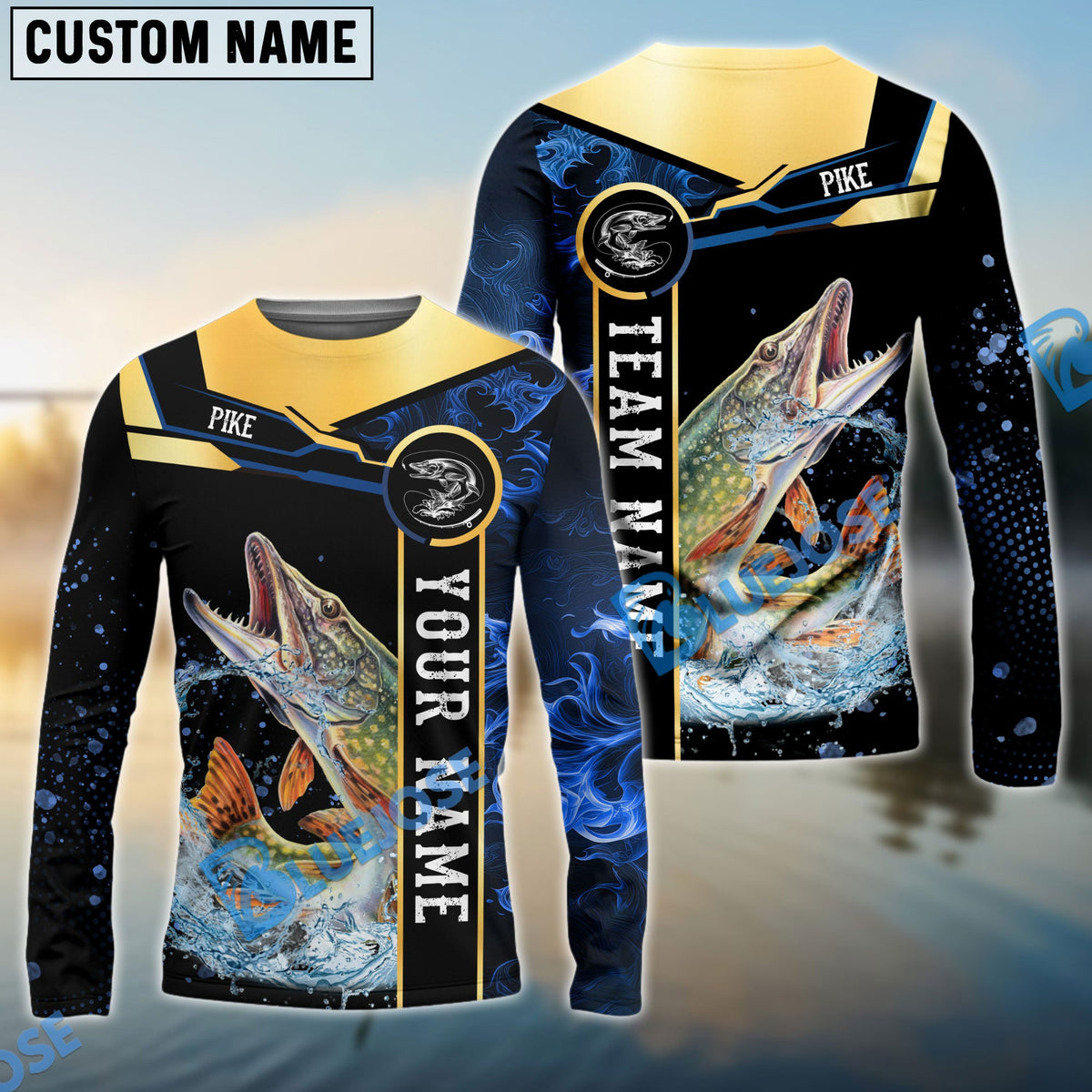 Bluejose Pike Fishing Golden With Blue Flame Pattern Custom Name &amp; Team Name 3D Shirts