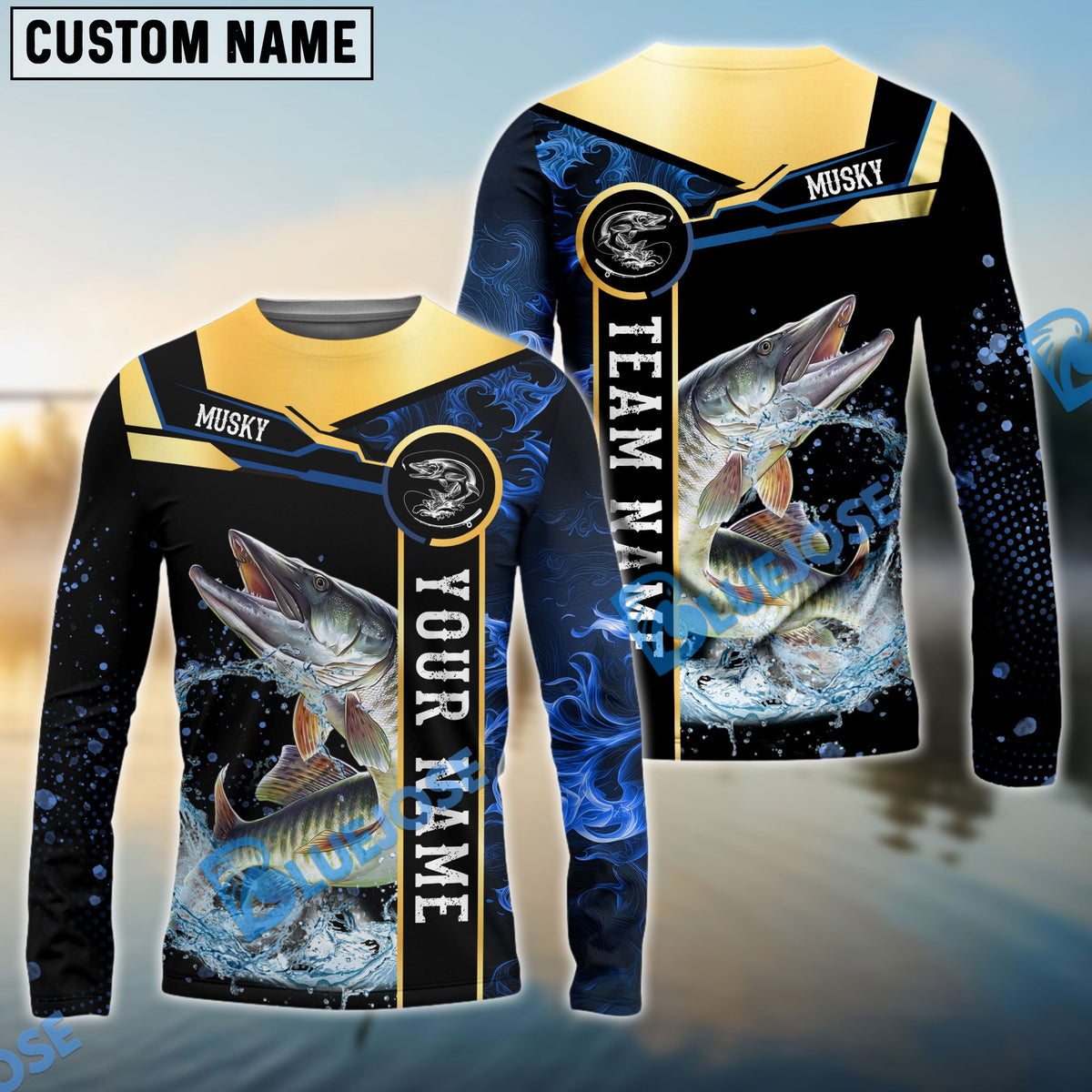Bluejose Musky Fishing Golden With Blue Flame Pattern Custom Name &amp; Team Name 3D Shirts