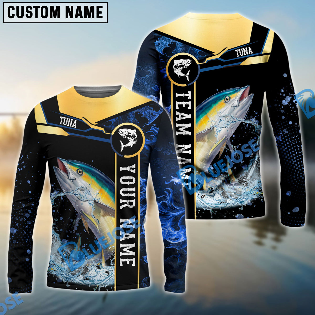 Bluejose Tuna Fishing Golden With Blue Flame Pattern Custom Name &amp; Team Name 3D Shirts