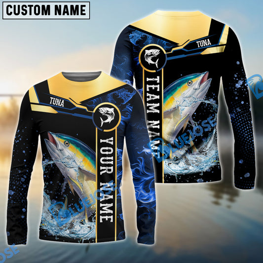 Bluejose Tuna Fishing Golden With Blue Flame Pattern Custom Name & Team Name 3D Shirts