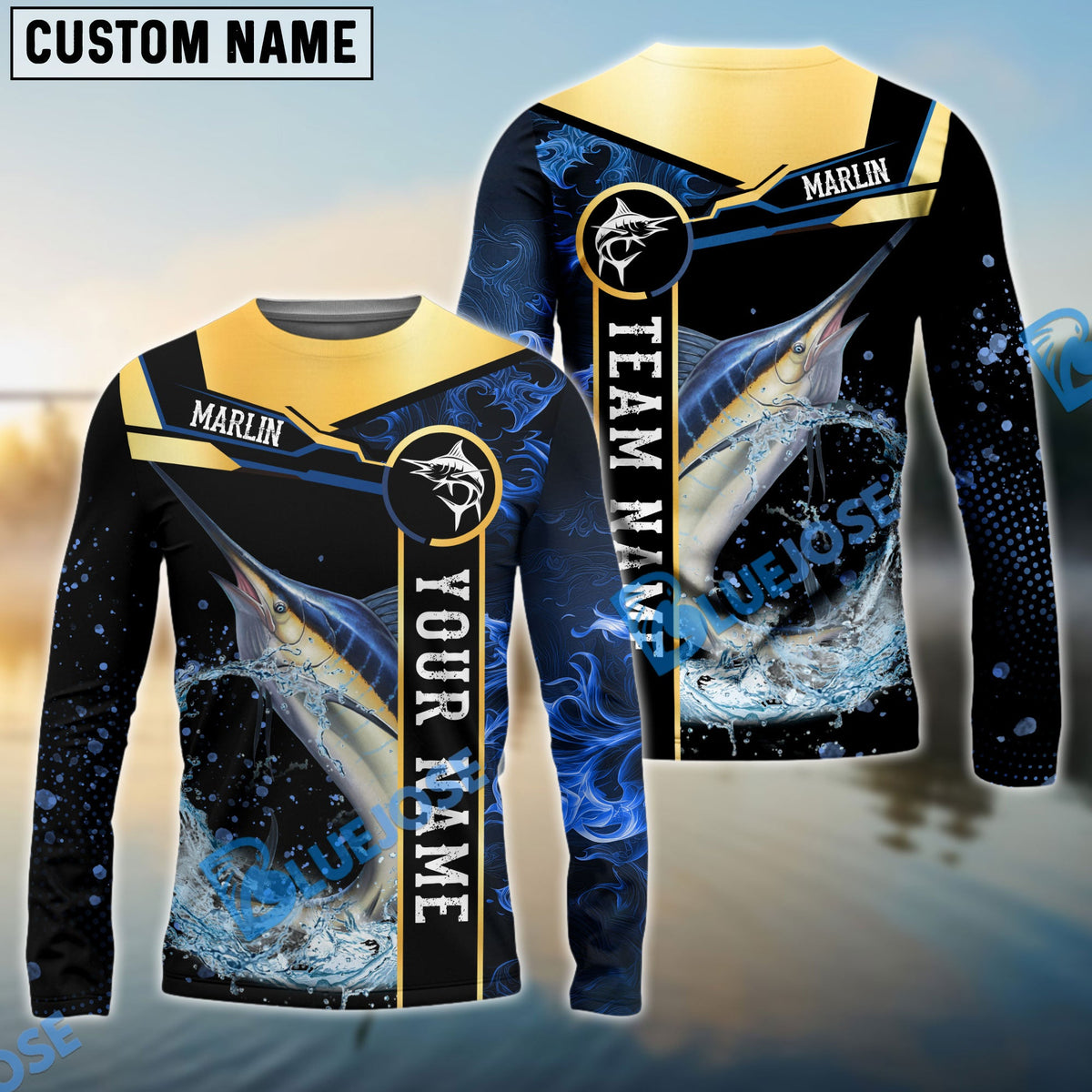 Bluejose Marlin Fishing Golden With Blue Flame Pattern Custom Name &amp; Team Name 3D Shirts