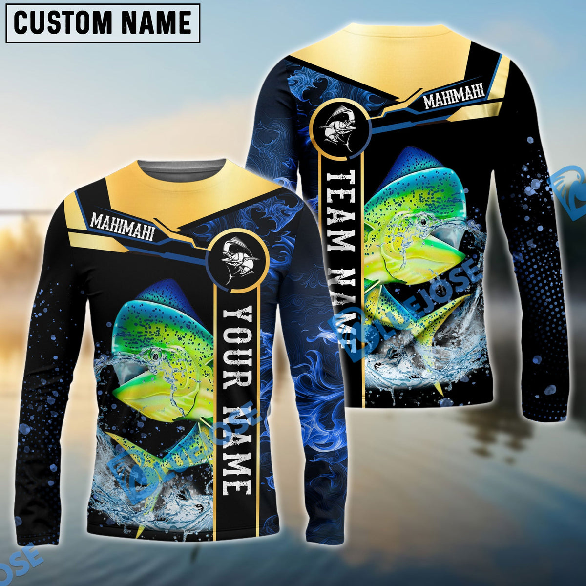 Bluejose Mahimahi Fishing Golden With Blue Flame Pattern Custom Name &amp; Team Name 3D Shirts