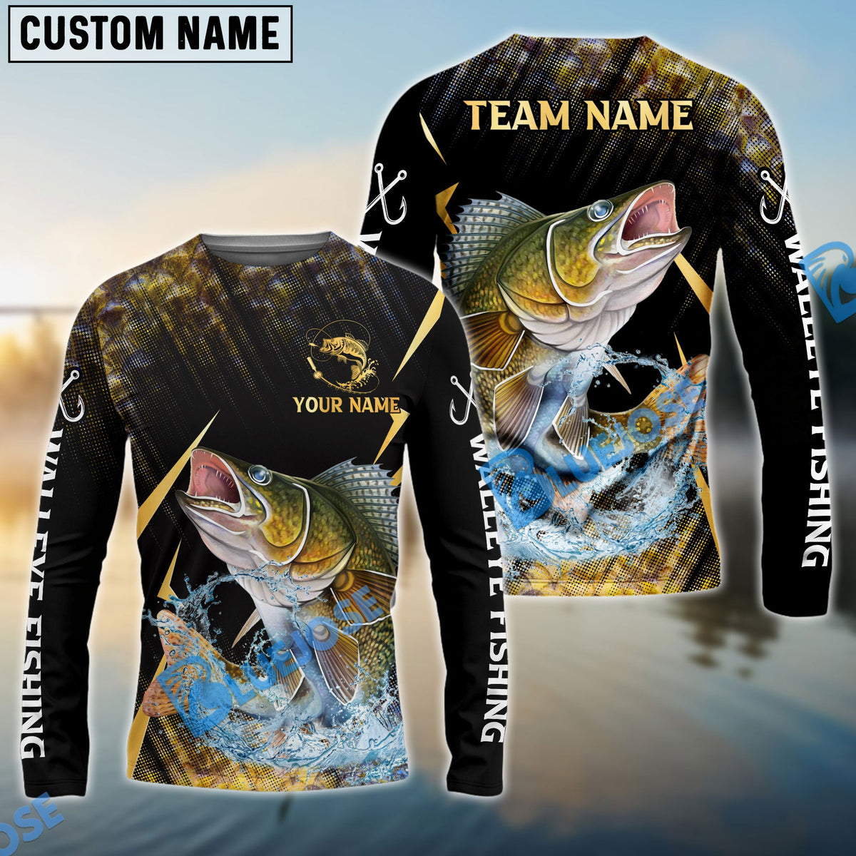 Bluejose Walleye Fishing Golden With Skinfish Pattern Custom Name &amp; Team Name 3D Shirts