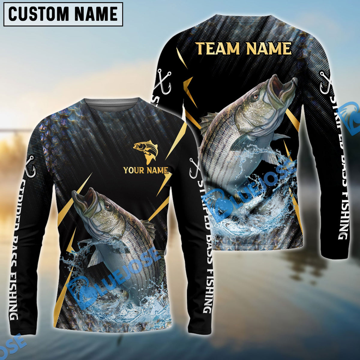 Bluejose Striped Bass Fishing Golden With Skinfish Pattern Custom Name &amp; Team Name 3D Shirts