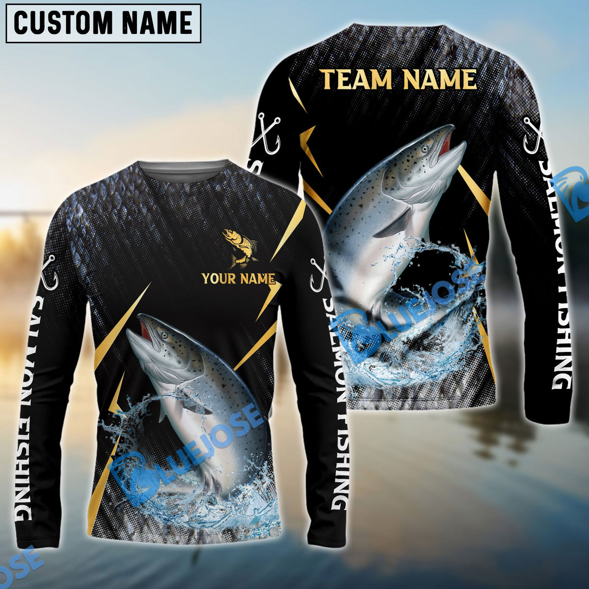 Bluejose Salmon Fishing Golden With Skinfish Pattern Custom Name &amp; Team Name 3D Shirts
