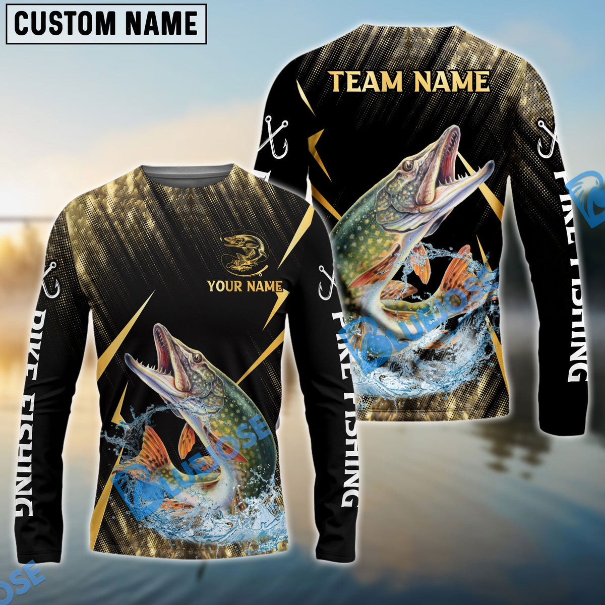 Bluejose Pike Fishing Golden With Skinfish Pattern Custom Name &amp; Team Name 3D Shirts