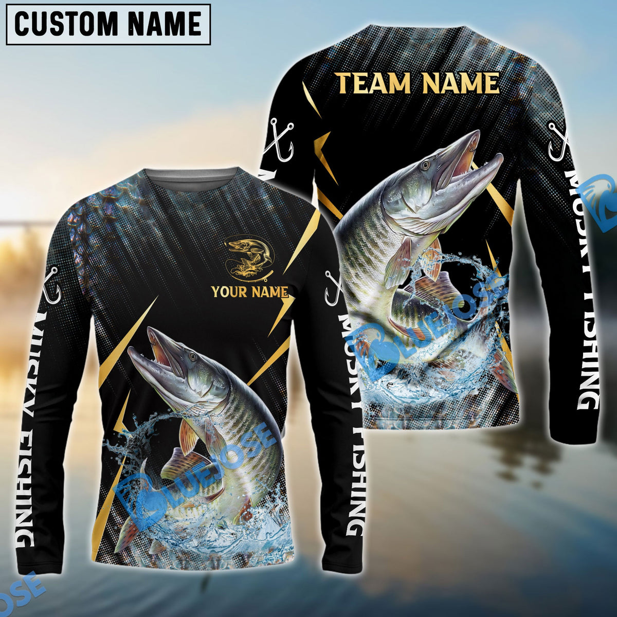 Bluejose Musky Fishing Golden With Skinfish Pattern Custom Name &amp; Team Name 3D Shirts