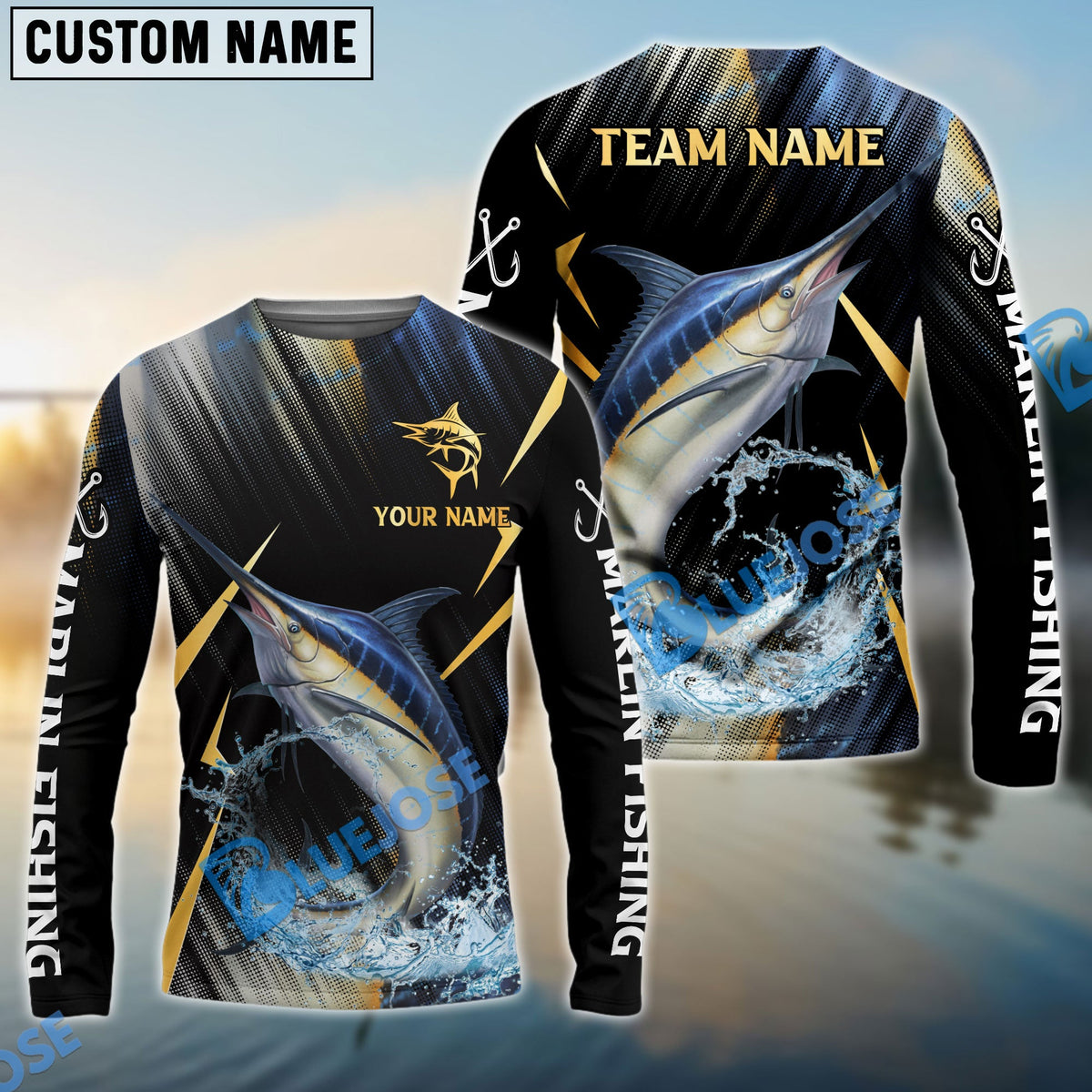 Bluejose Marlin Fishing Golden With Skinfish Pattern Custom Name &amp; Team Name 3D Shirts