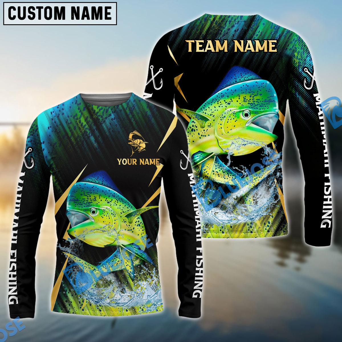 Bluejose Mahimahi Fishing Golden With Skinfish Pattern Custom Name &amp; Team Name 3D Shirts