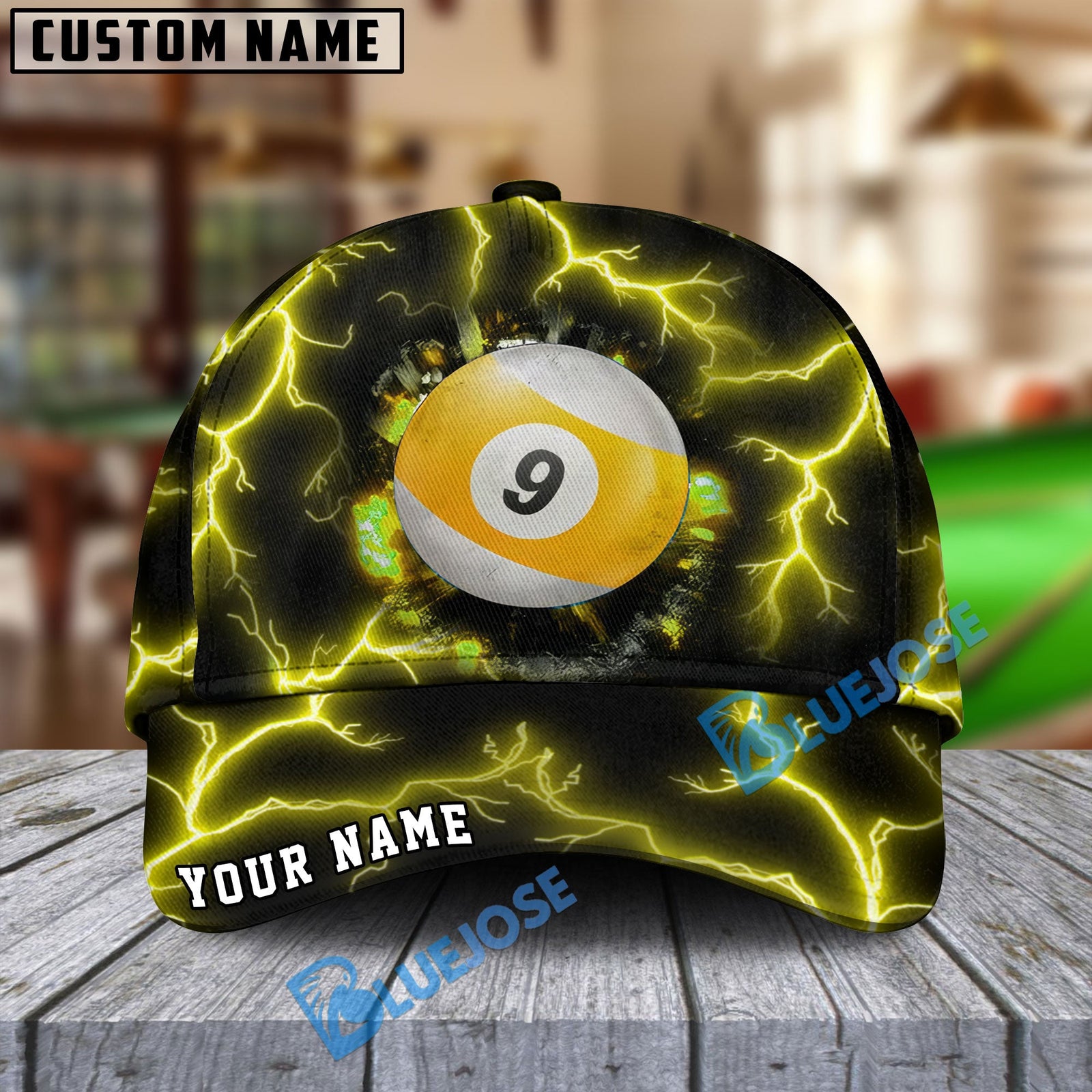 BlueJose Billiards  Ball 9 The Power Of The God Of Thunder Personalized Name Cap (4 Colors)