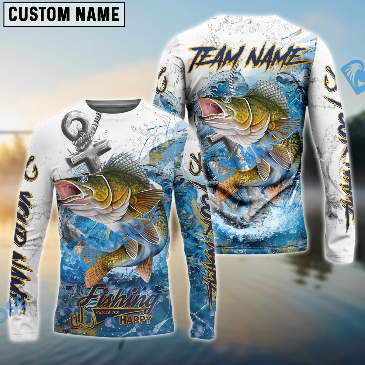 Bluejose Walleye Fishing Anchor Ocean Splash Design Name &amp; Team Name 3D Shirts