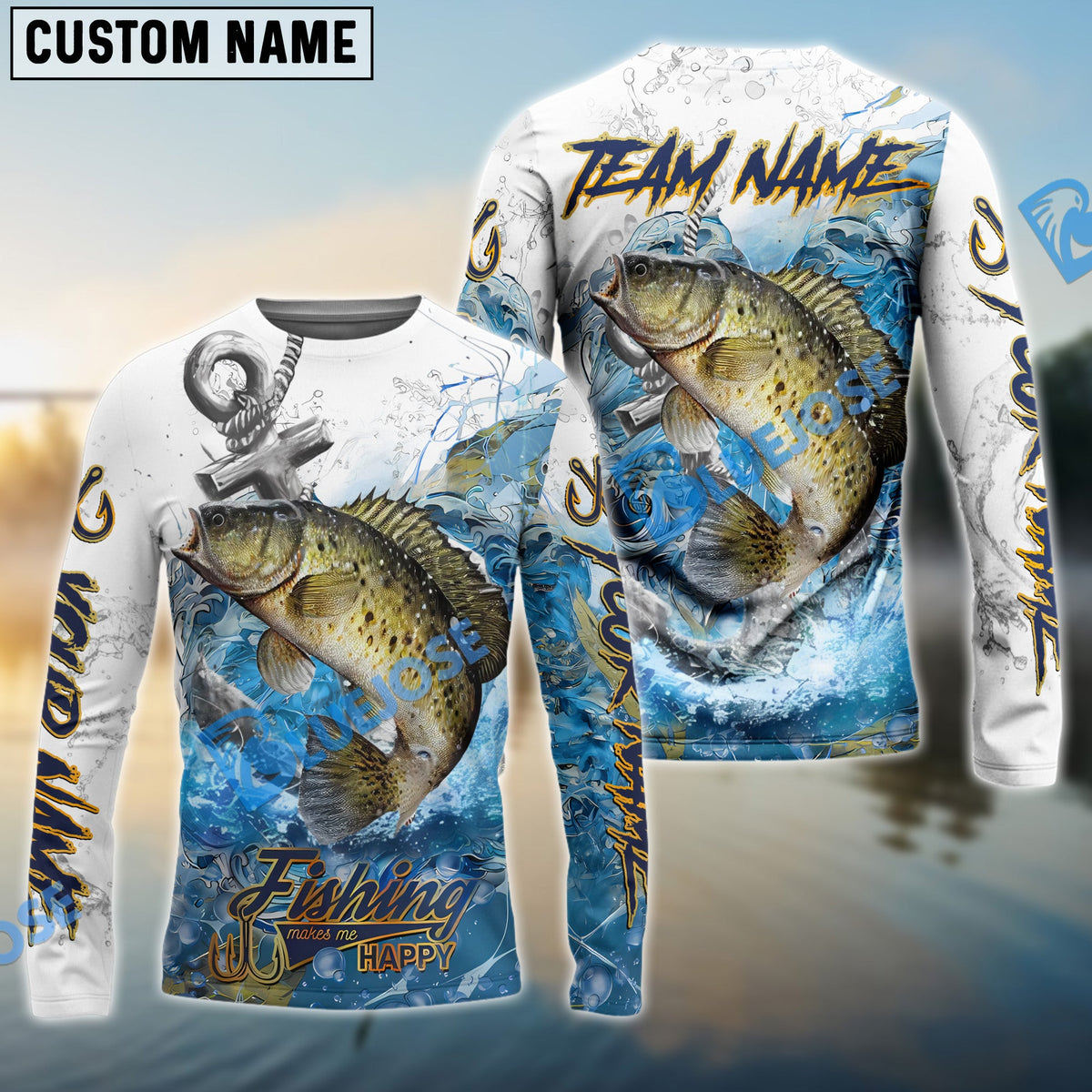 Bluejose Crappie Fishing Anchor Ocean Splash Design Name &amp; Team Name 3D Shirts