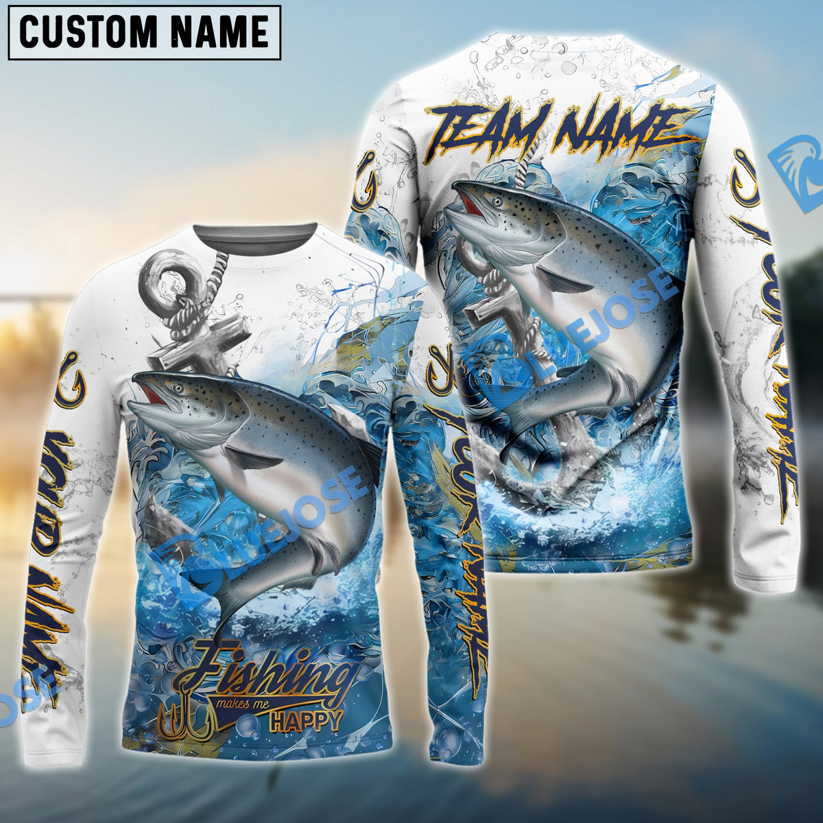 Bluejose Salmon Fishing Anchor Ocean Splash Design Name &amp; Team Name 3D Shirts