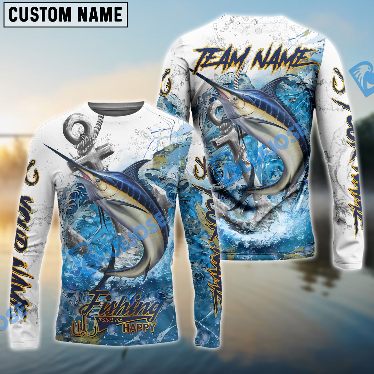 Bluejose Marlin Fishing Anchor Ocean Splash Design Name &amp; Team Name 3D Shirts