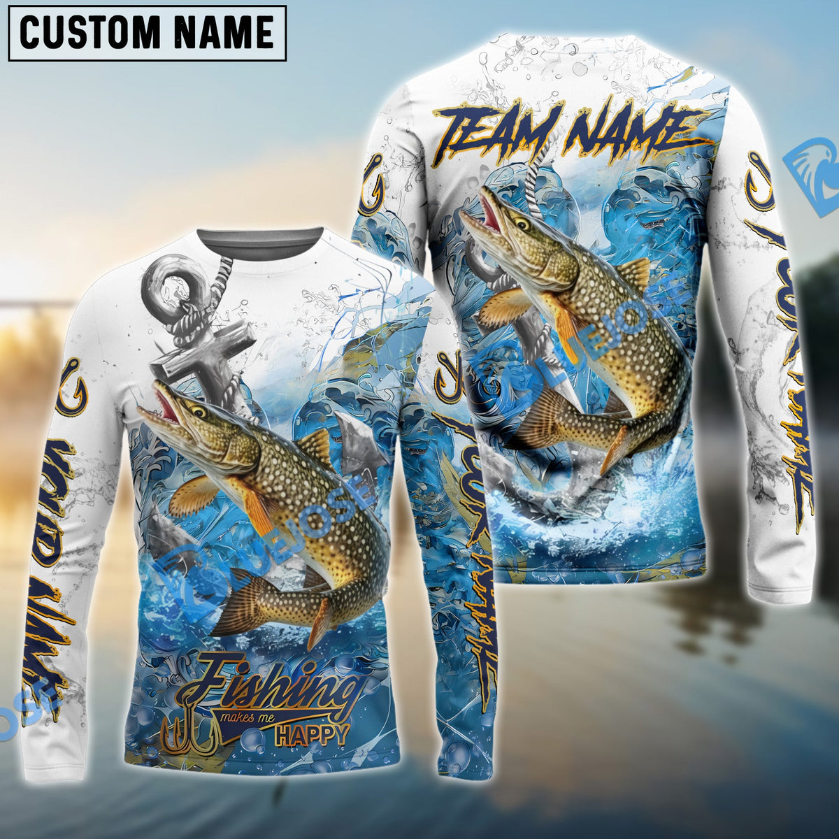 Bluejose Pike Fishing Anchor Ocean Splash Design Name &amp; Team Name 3D Shirts