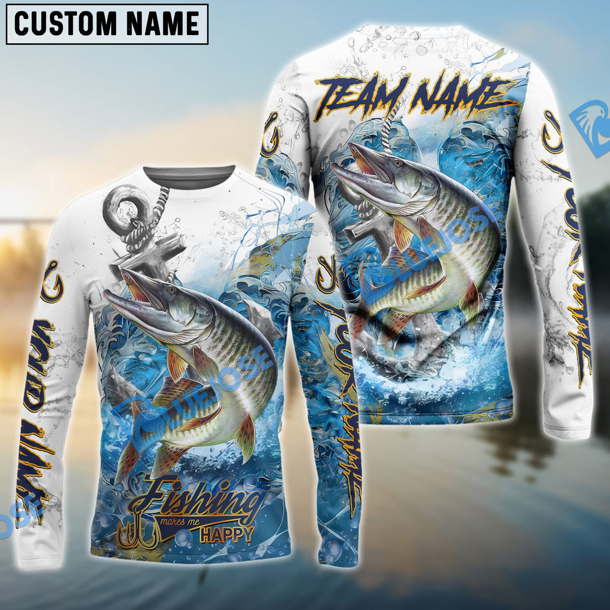 Bluejose Musky Fishing Anchor Ocean Splash Design Name &amp; Team Name 3D Shirts