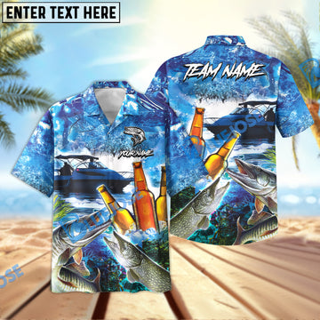 BlueJose Musky Fishing Boat Blue Beer Personalized All Over Print 3D Hawaiian Shirt