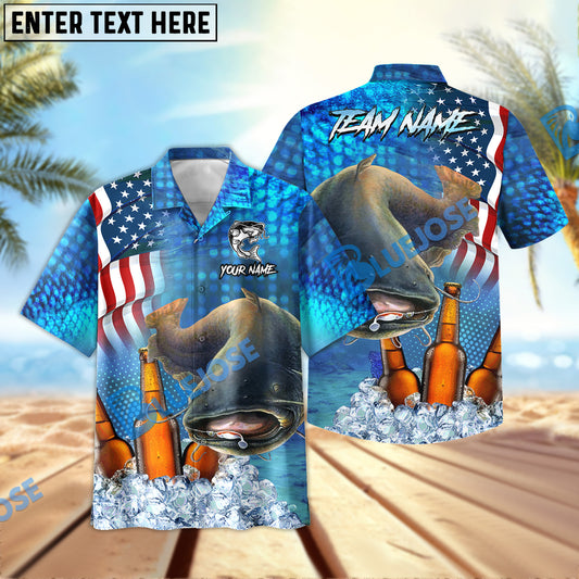 BlueJose Catfish Fishing Beer USA Flag Personalized All Over Print 3D Hawaiian Shirt