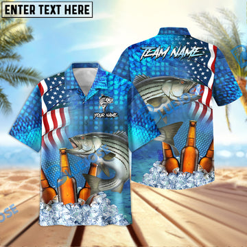 BlueJose Striped Bass Fishing Beer USA Flag Personalized All Over Print 3D Hawaiian Shirt