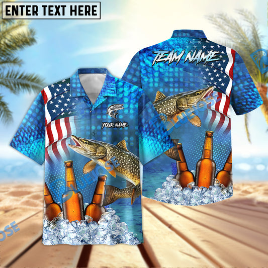 BlueJose Pike Fishing Beer USA Flag Personalized All Over Print 3D Hawaiian Shirt