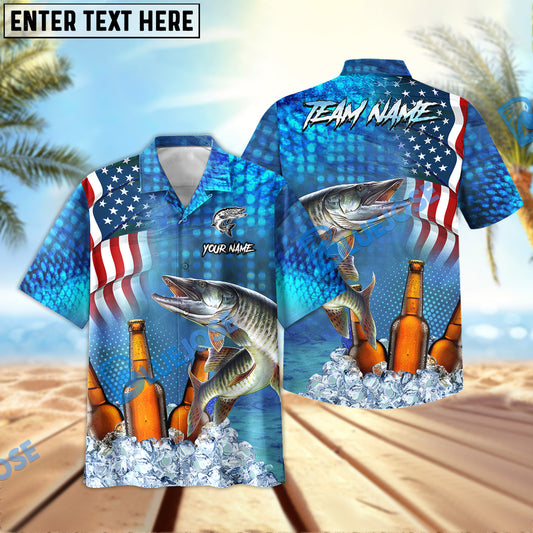 BlueJose Musky Fishing Beer USA Flag Personalized All Over Print 3D Hawaiian Shirt