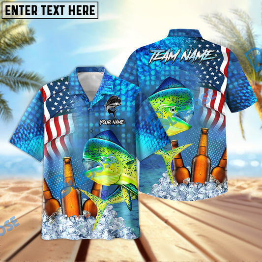 BlueJose Mahi mahi Fishing Beer USA Flag Personalized All Over Print 3D Hawaiian Shirt