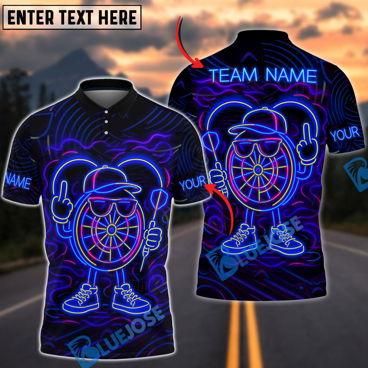 BlueJose Darts Neon Dartboard Champion Personalized Name, Team Name Shirt (4 Colors)