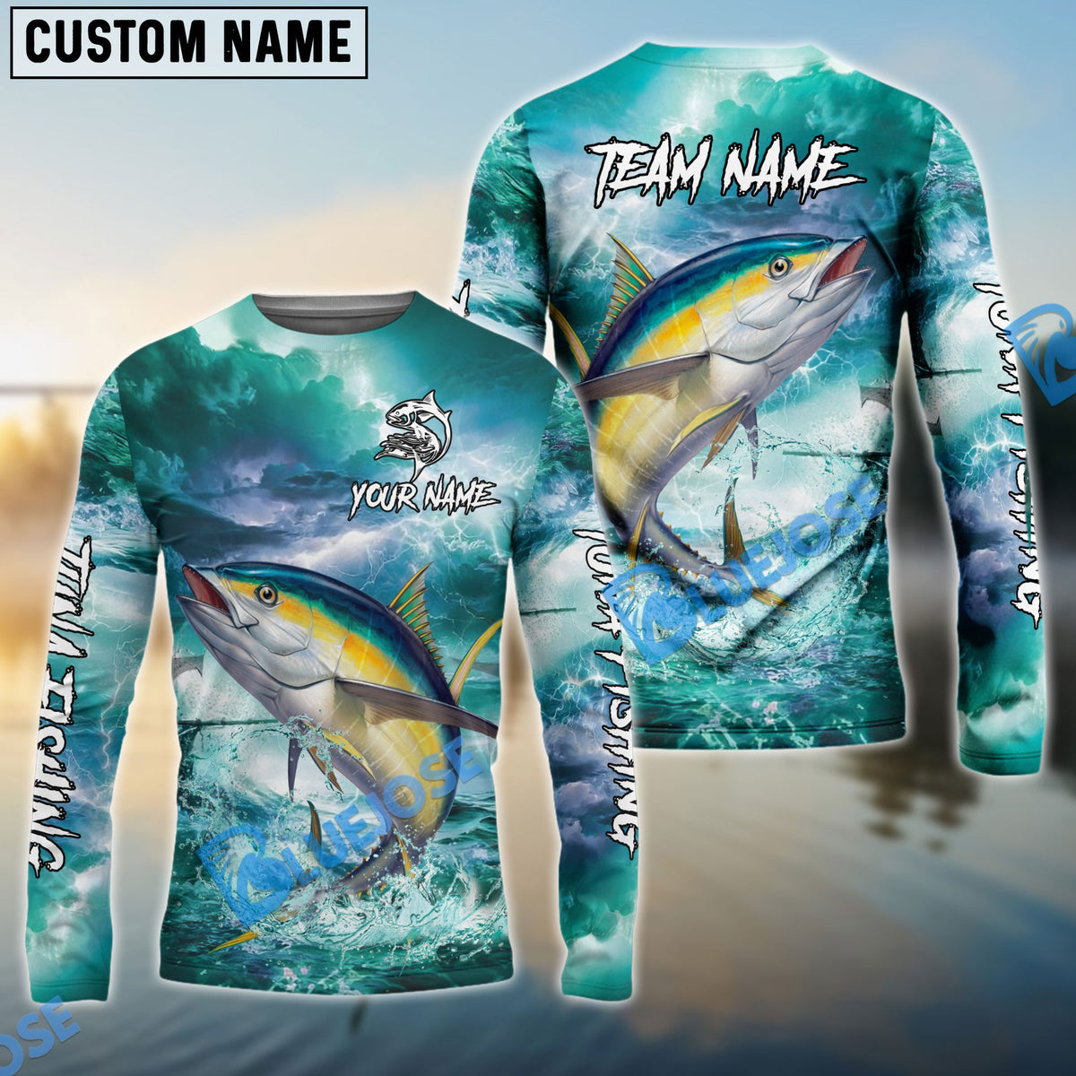 Bluejose Tuna Fishing Teal Thunderstorm Name &amp; Team Name 3D Shirts