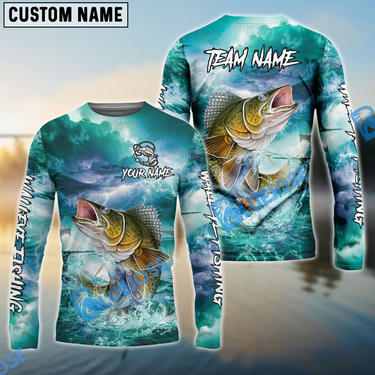 Bluejose Walleye Fishing Teal Thunderstorm Name &amp; Team Name 3D Shirts